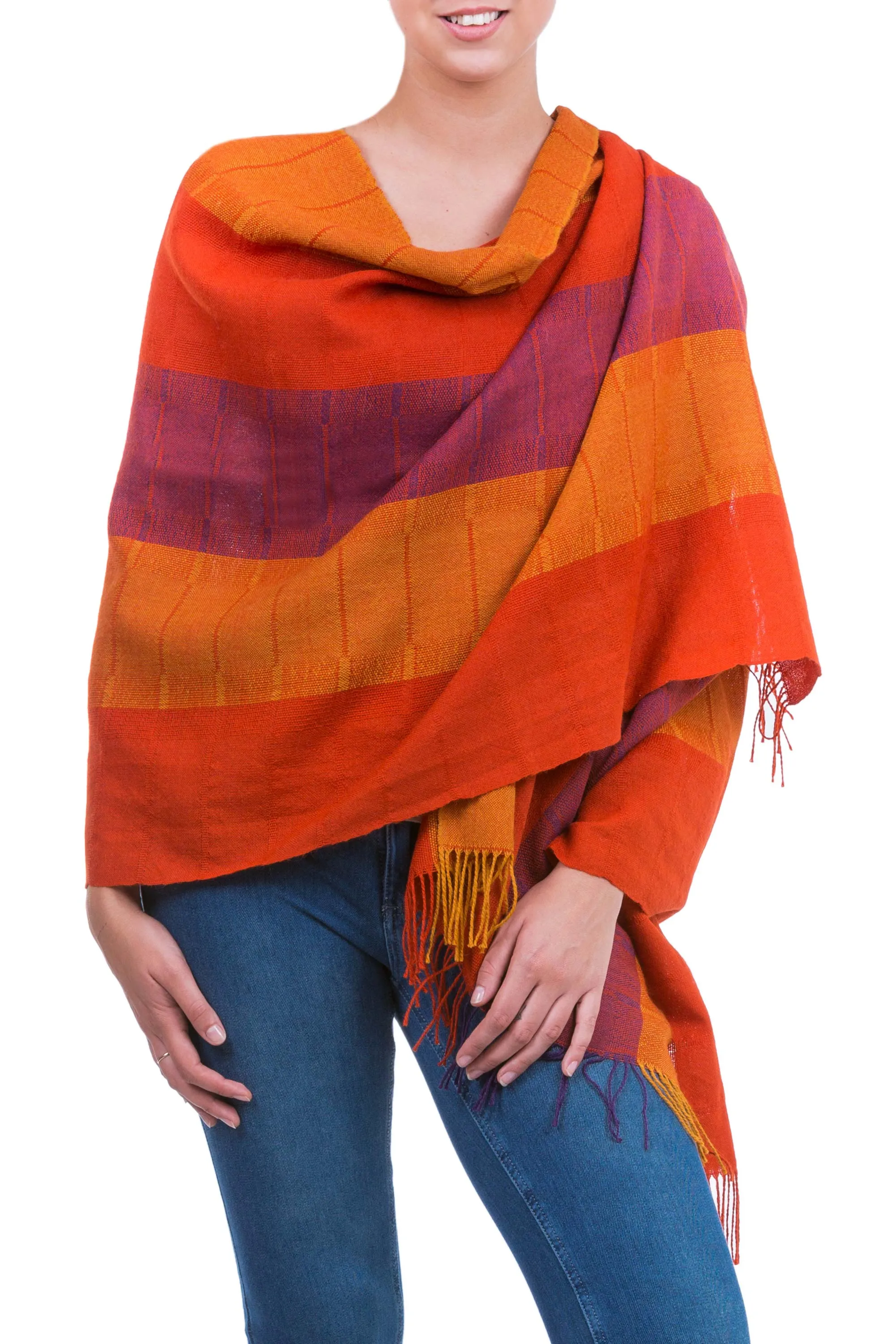 Handwoven Peruvian Alpaca Wool Striped Shawl - Tarma Marigold | NOVICA