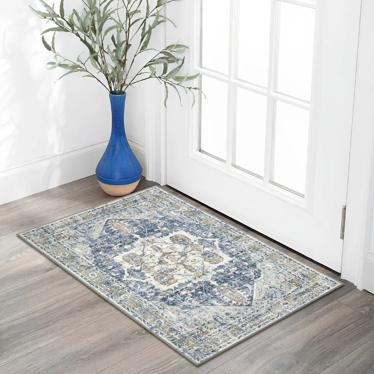 Harriet Traditional Medallion Distressed Blue Area Rug