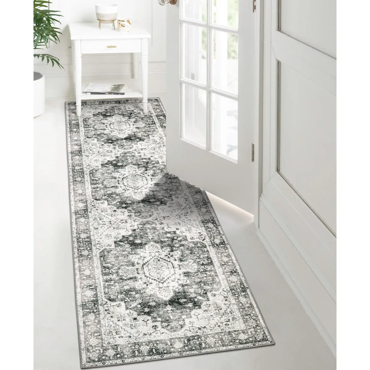 Helene Ultra-Thin Washable Vintage Floral Grey Area Rug