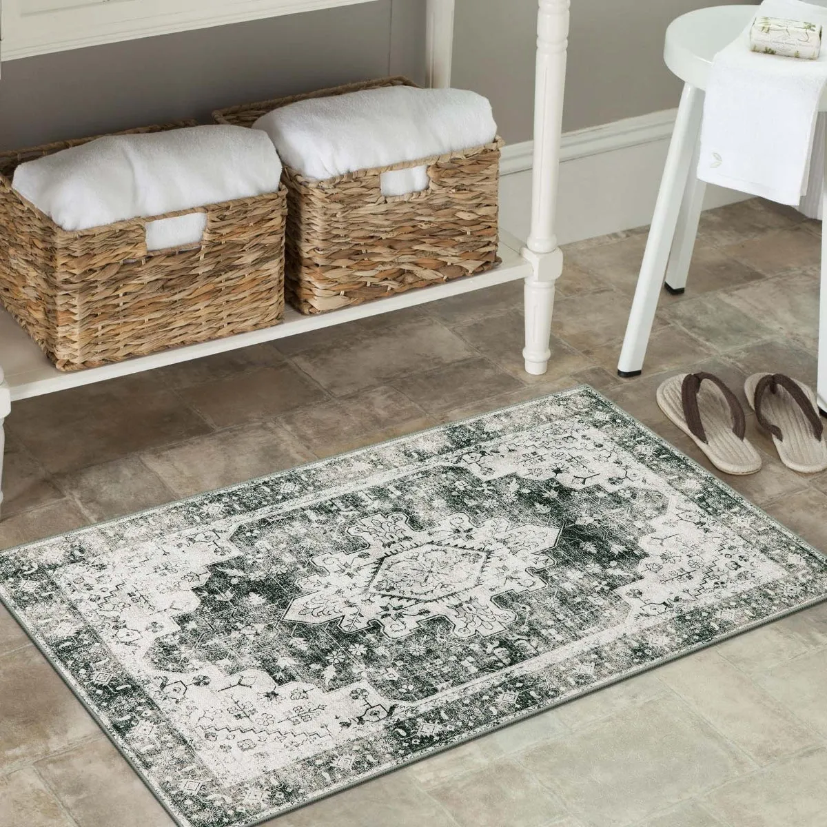 Helene Ultra-Thin Washable Vintage Floral Grey Area Rug