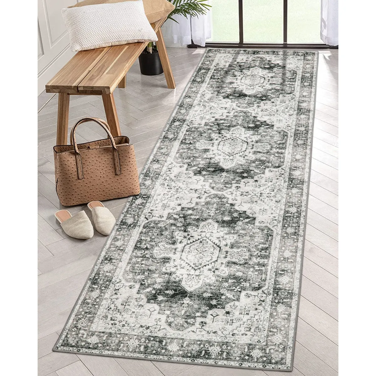 Helene Ultra-Thin Washable Vintage Floral Grey Area Rug