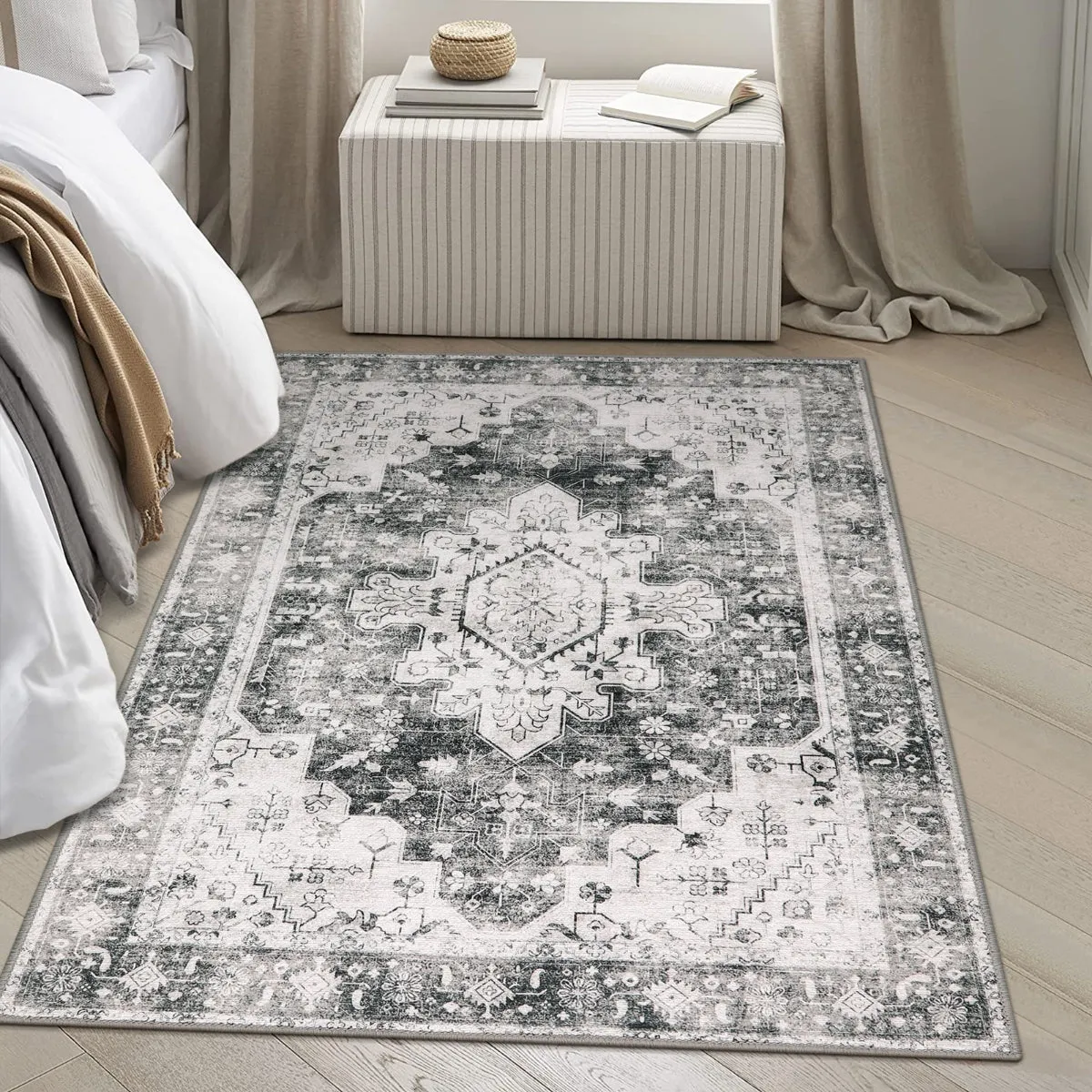 Helene Ultra-Thin Washable Vintage Floral Grey Area Rug