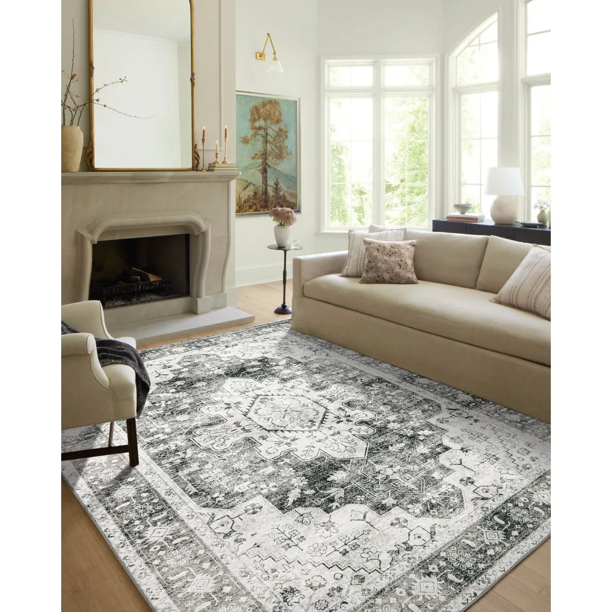 Helene Ultra-Thin Washable Vintage Floral Grey Area Rug