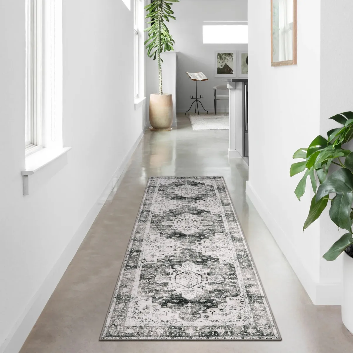 Helene Ultra-Thin Washable Vintage Floral Grey Area Rug