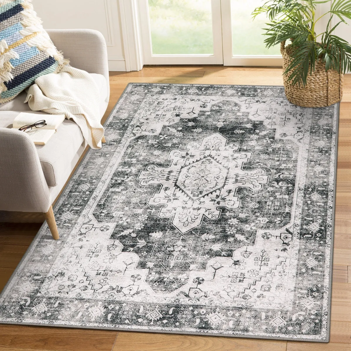 Helene Ultra-Thin Washable Vintage Floral Grey Area Rug