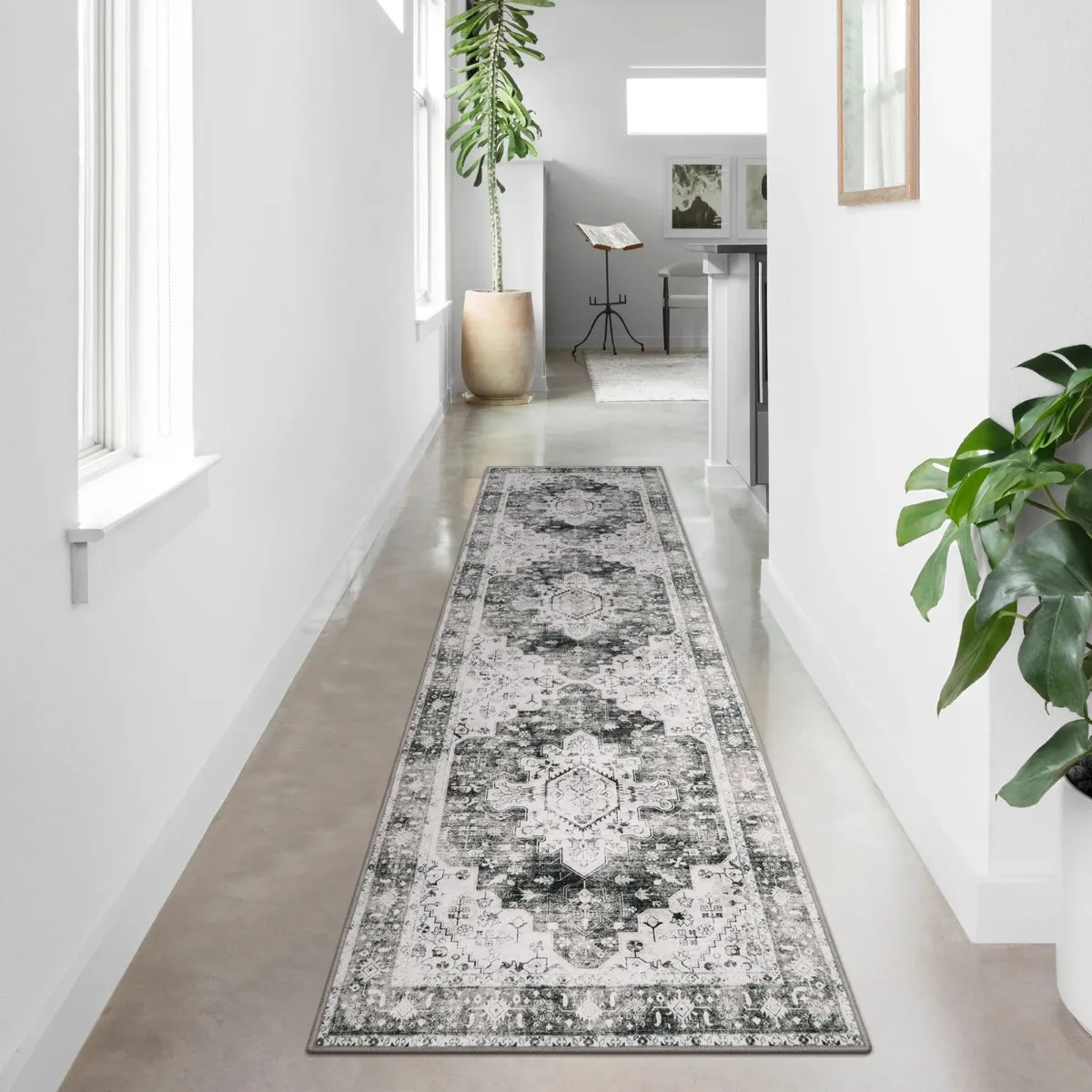 Helene Ultra-Thin Washable Vintage Floral Grey Area Rug