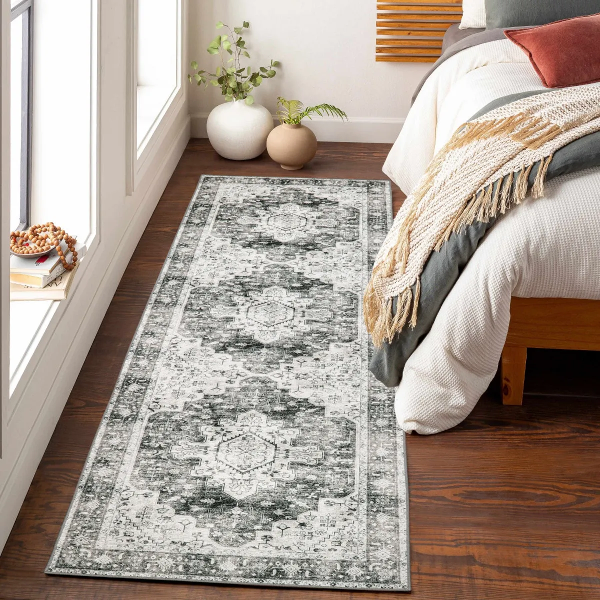 Helene Ultra-Thin Washable Vintage Floral Grey Area Rug