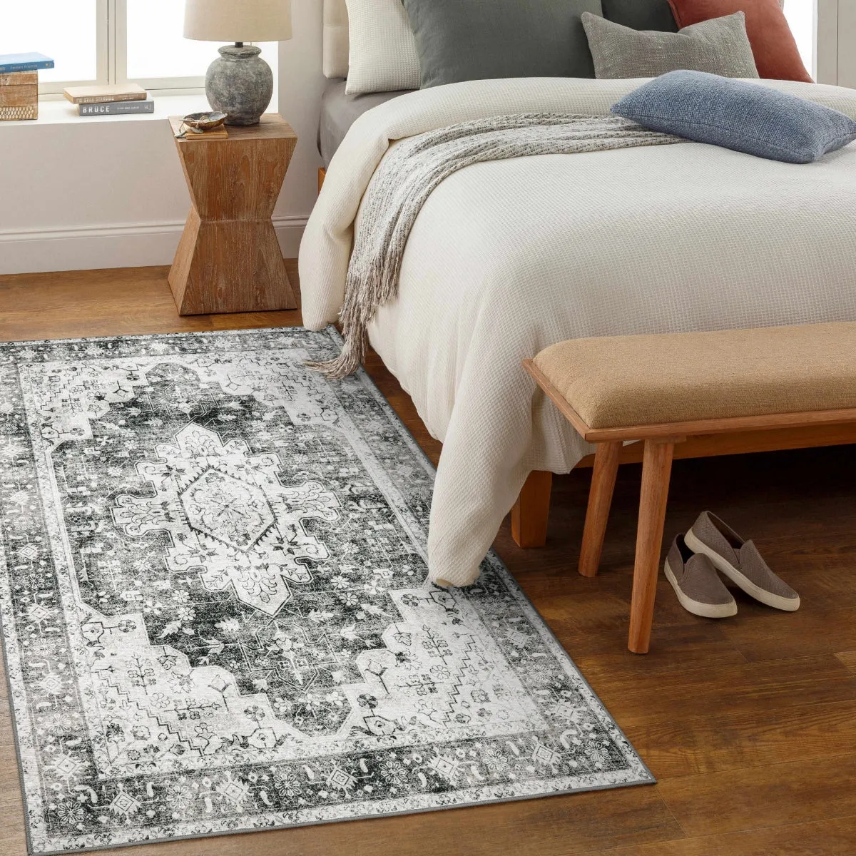 Helene Ultra-Thin Washable Vintage Floral Grey Area Rug