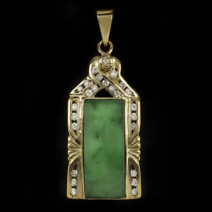 JADE DIAMOND PENDANT 18k YELLOW GOLD NATURAL ESTATE RECTANGLE CABOCHON NECKLACE