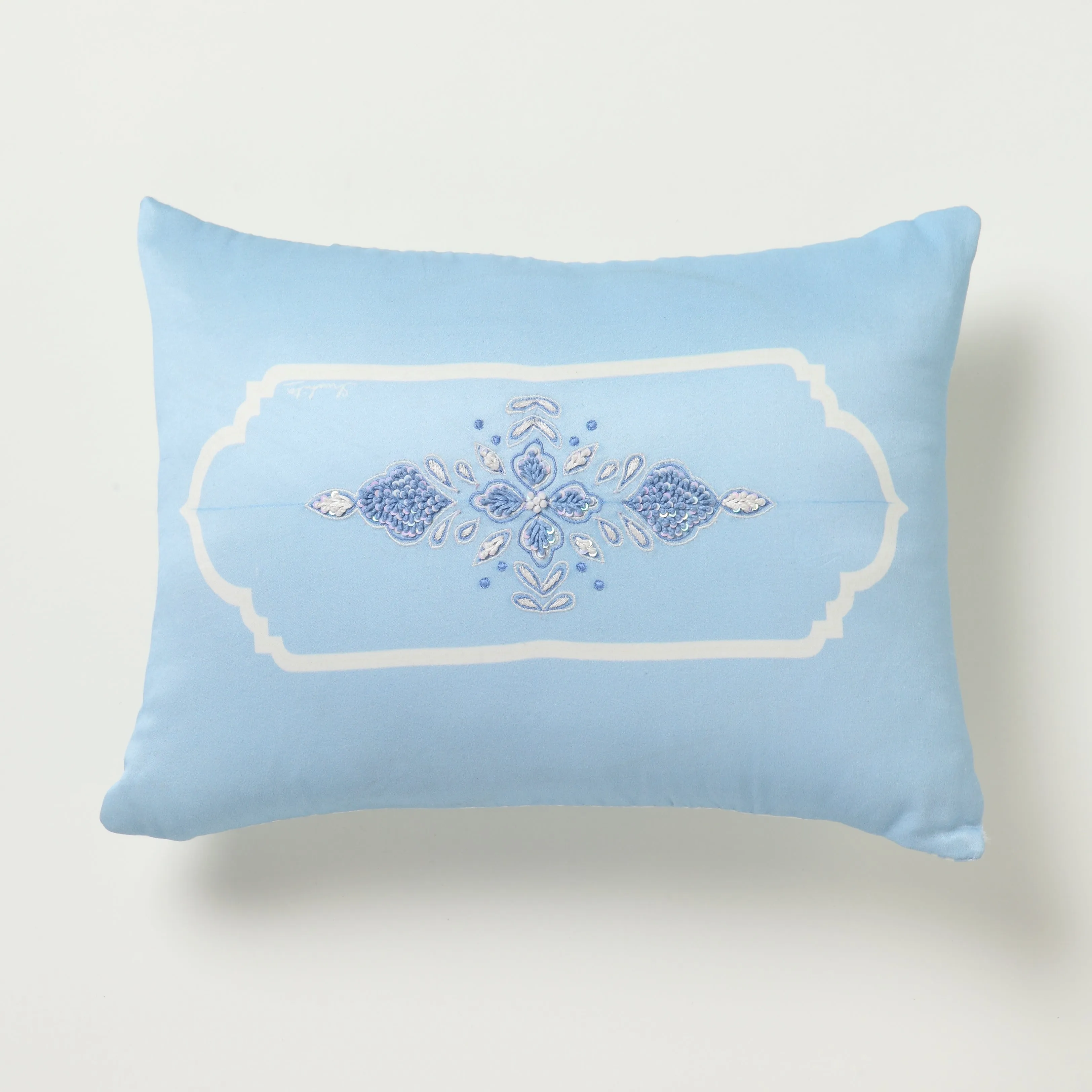 Jharoka Accent Embroidered Rectangular Cushion LAPIS