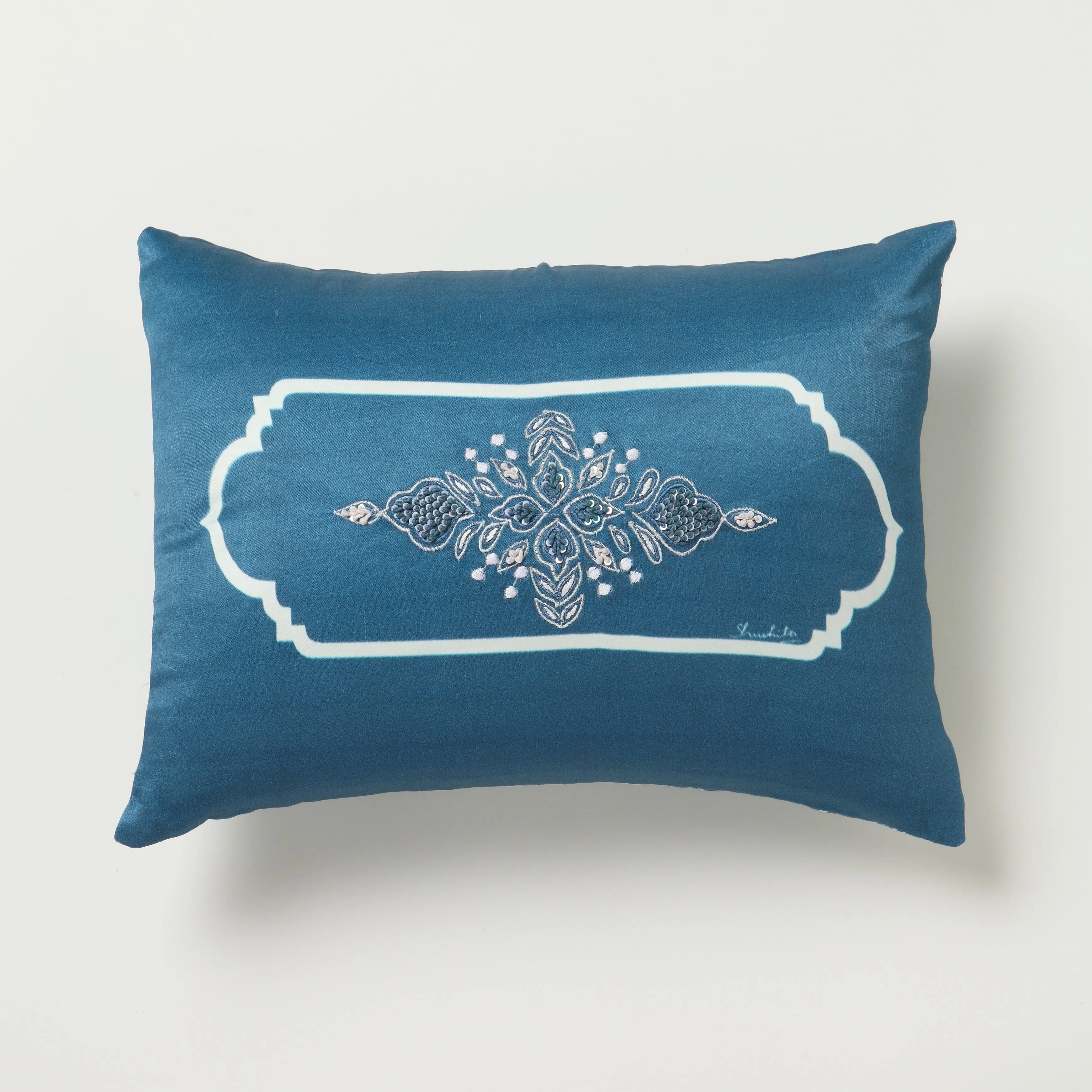 Jharoka Accent Embroidered Rectangular Cushion LAPIS