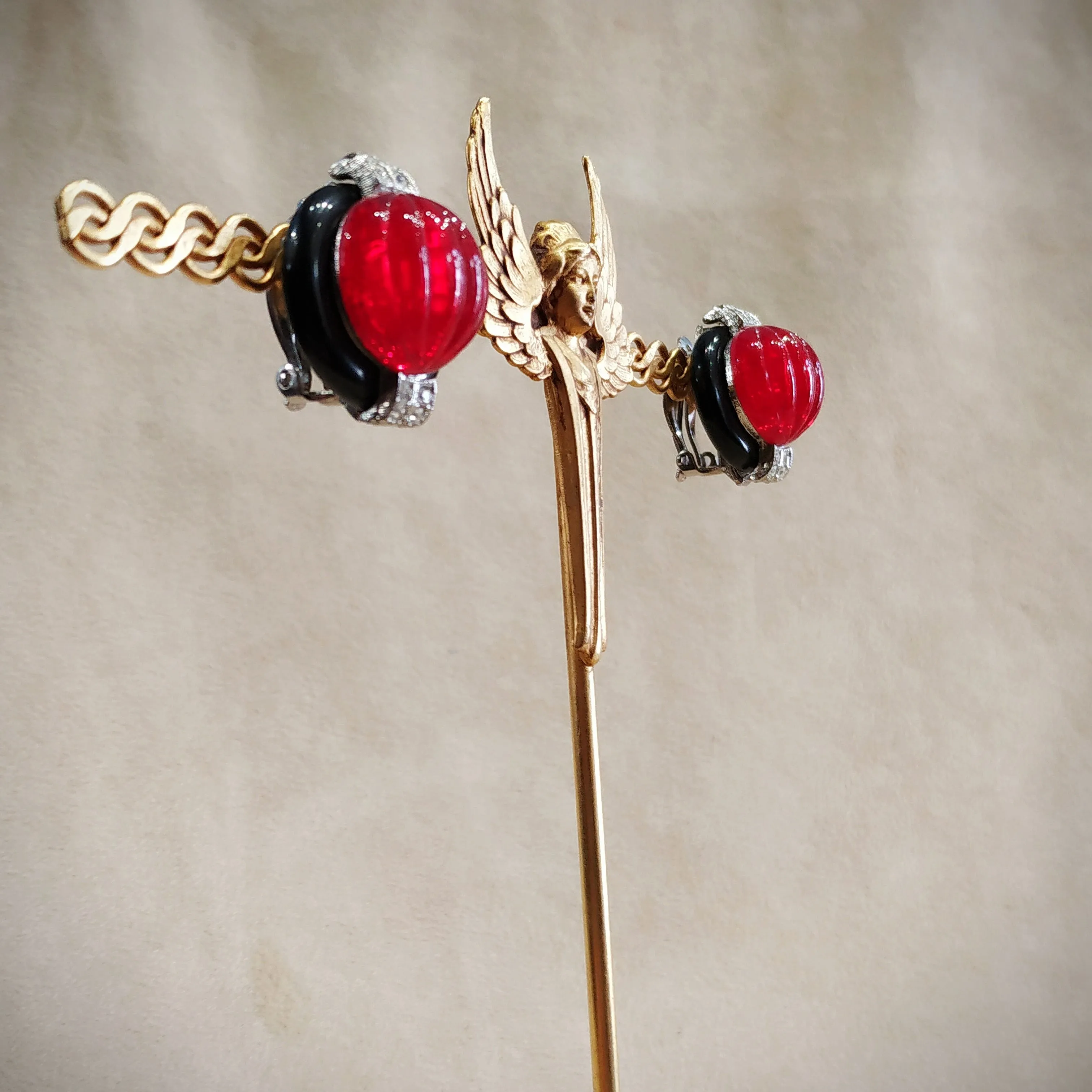 KJL Red Black Vintage Clip on Earrings by Kenneth Jay Lane