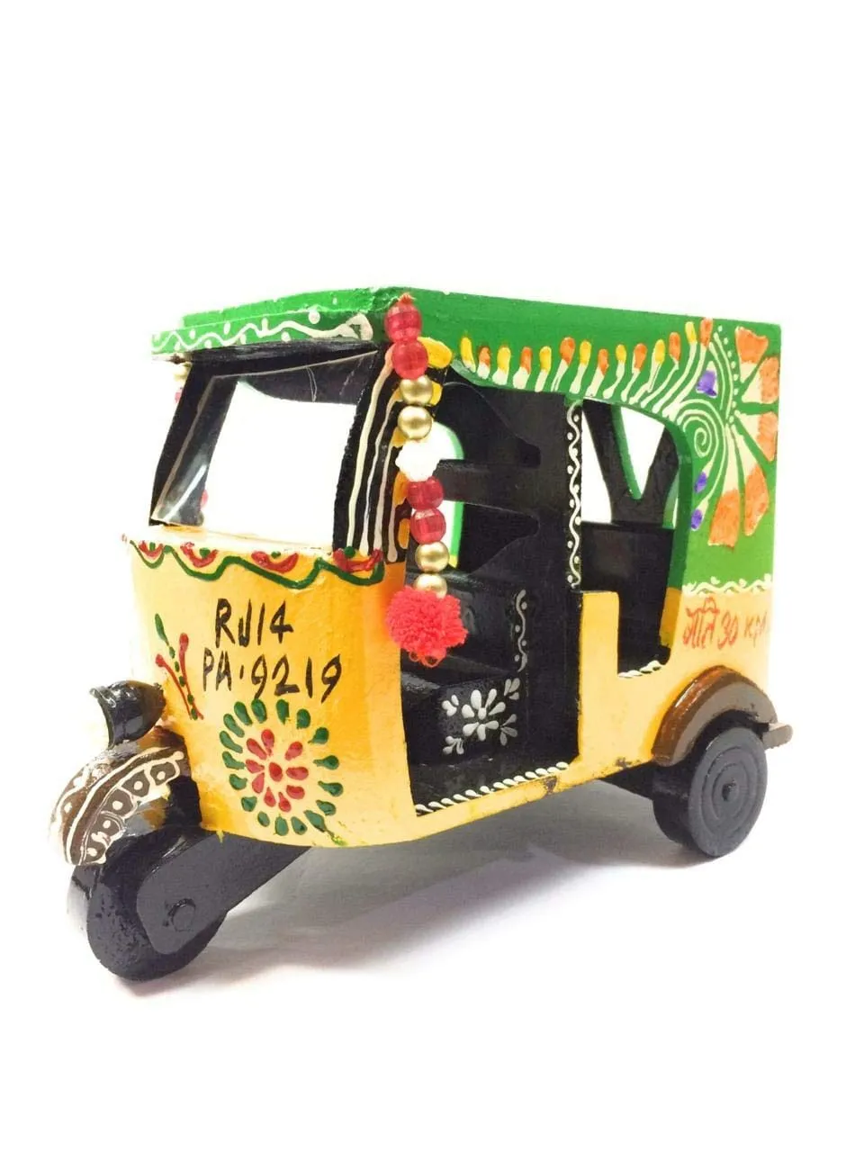 Kuber Industries Handcrafted Wooden Auto Rickshaw Showpiece (24 cm x 13 cm x 17 cm, Yellow and Green, CTKTC04110)