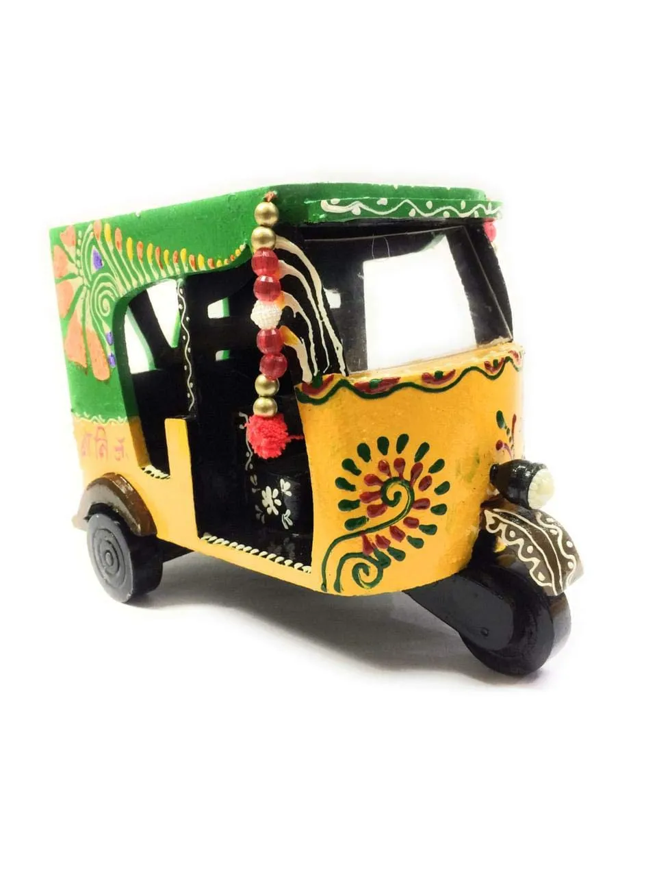 Kuber Industries Handcrafted Wooden Auto Rickshaw Showpiece (24 cm x 13 cm x 17 cm, Yellow and Green, CTKTC04110)