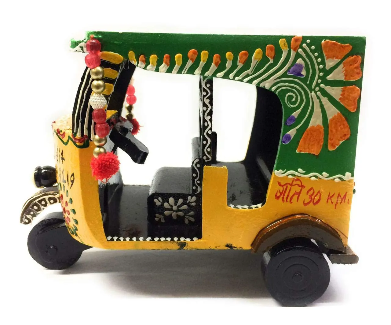 Kuber Industries Handcrafted Wooden Auto Rickshaw Showpiece (24 cm x 13 cm x 17 cm, Yellow and Green, CTKTC04110)