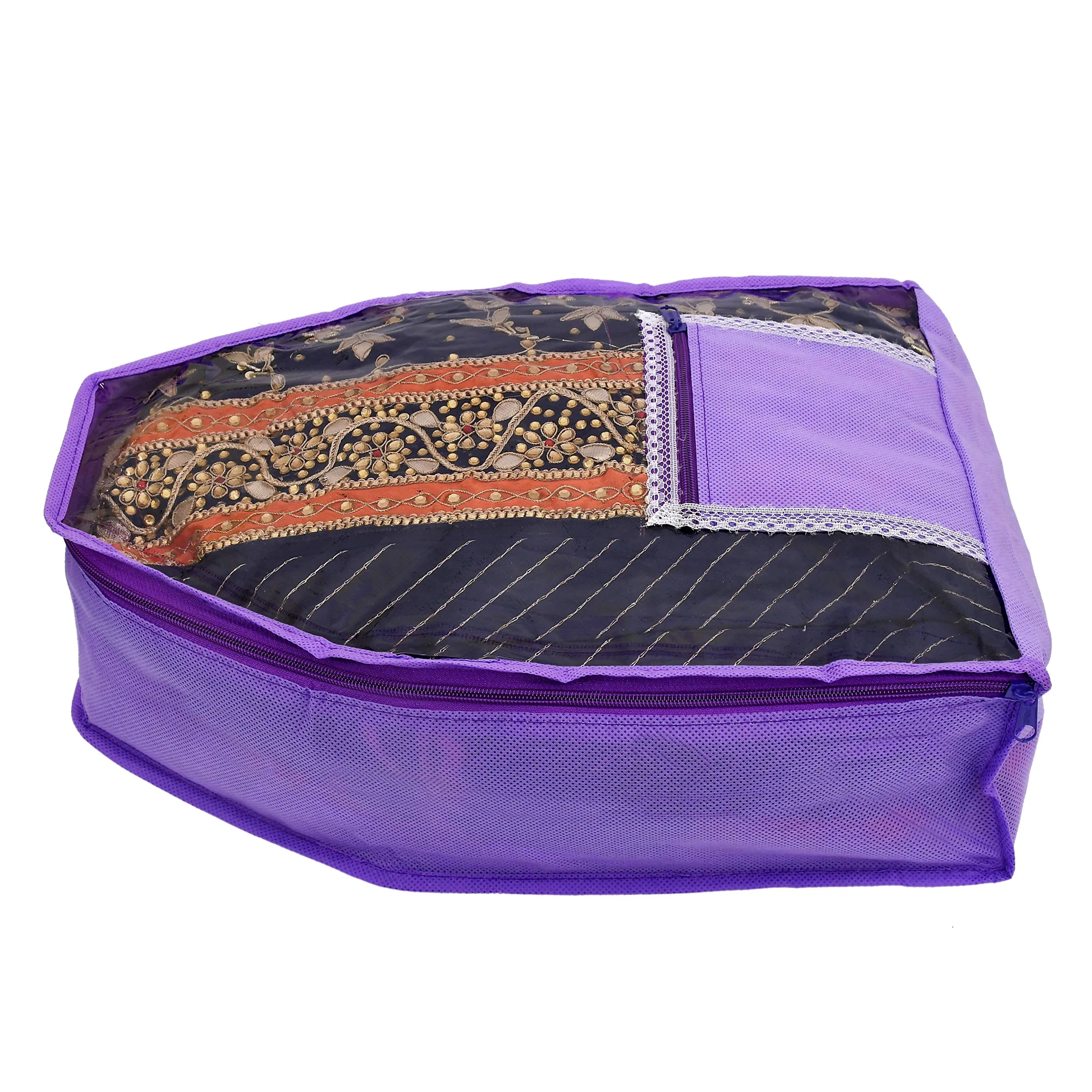 Kuber Industries Non Woven 2 Pieces Saree Cover/Cloth Wardrobe Organizer and 2 Pieces Blouse Cover Combo Set (Purple)