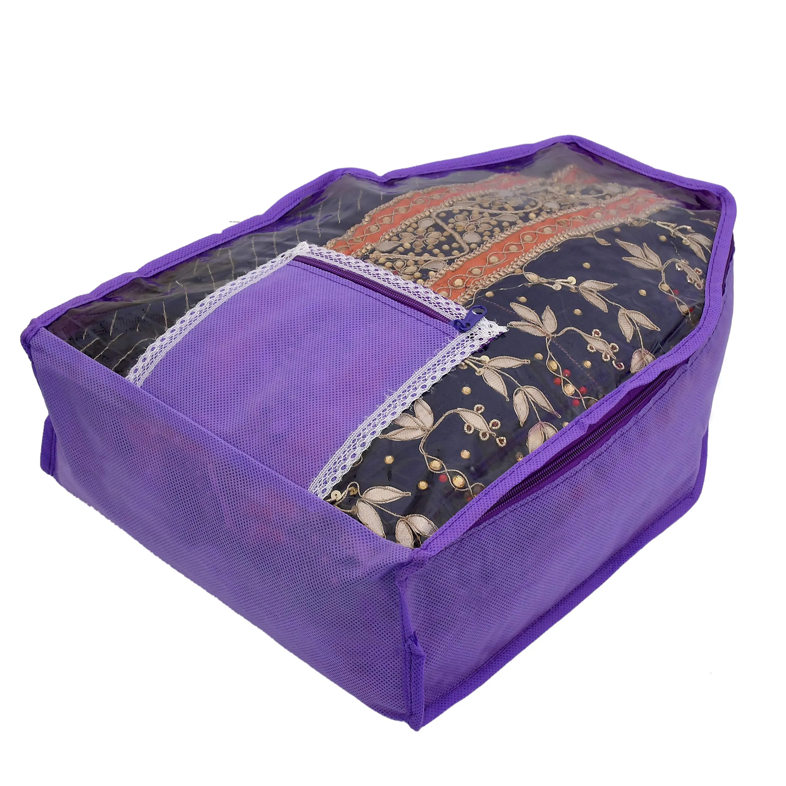 Kuber Industries Non Woven 2 Pieces Saree Cover/Cloth Wardrobe Organizer and 2 Pieces Blouse Cover Combo Set (Purple)