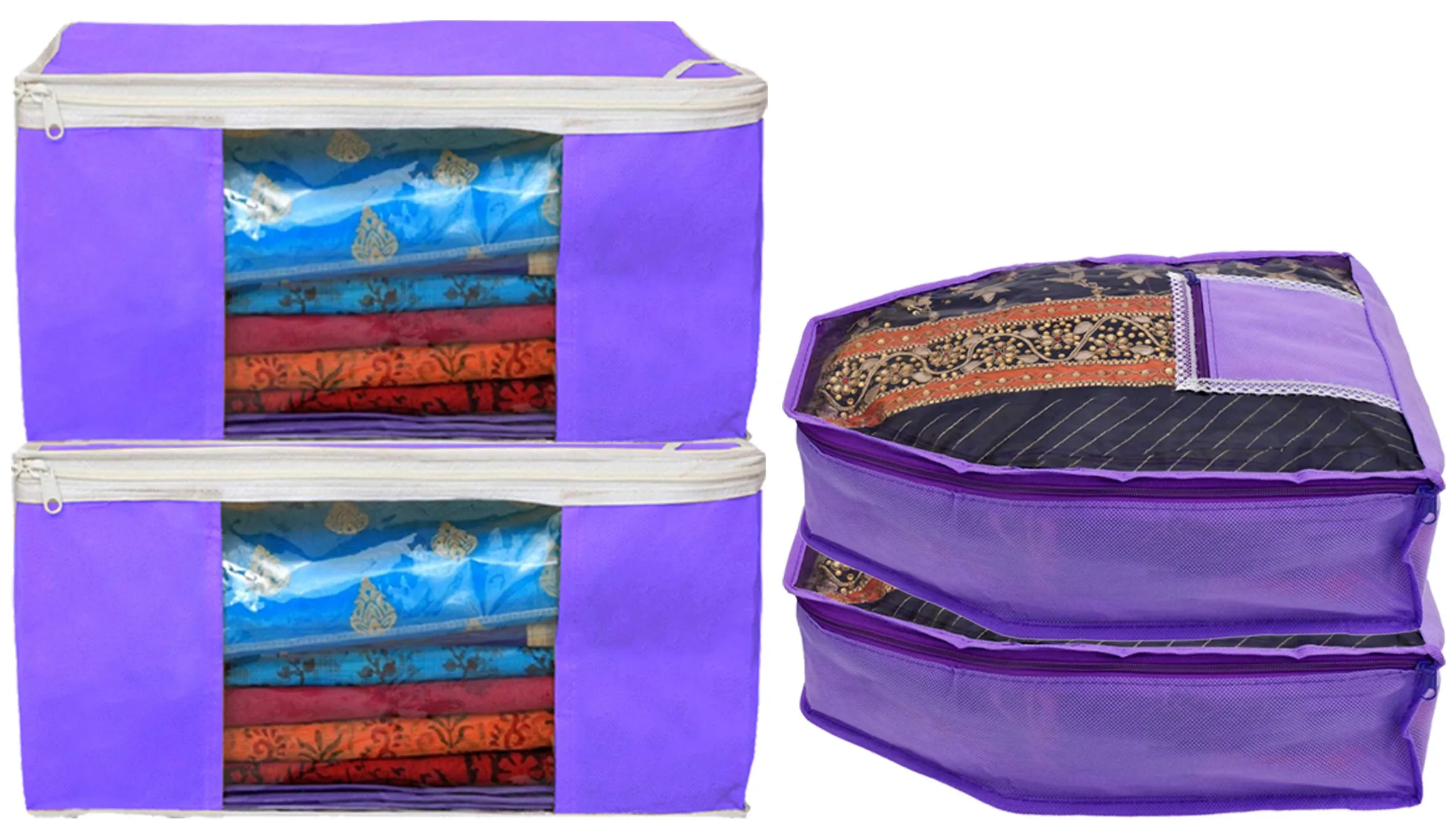 Kuber Industries Non Woven 2 Pieces Saree Cover/Cloth Wardrobe Organizer and 2 Pieces Blouse Cover Combo Set (Purple)