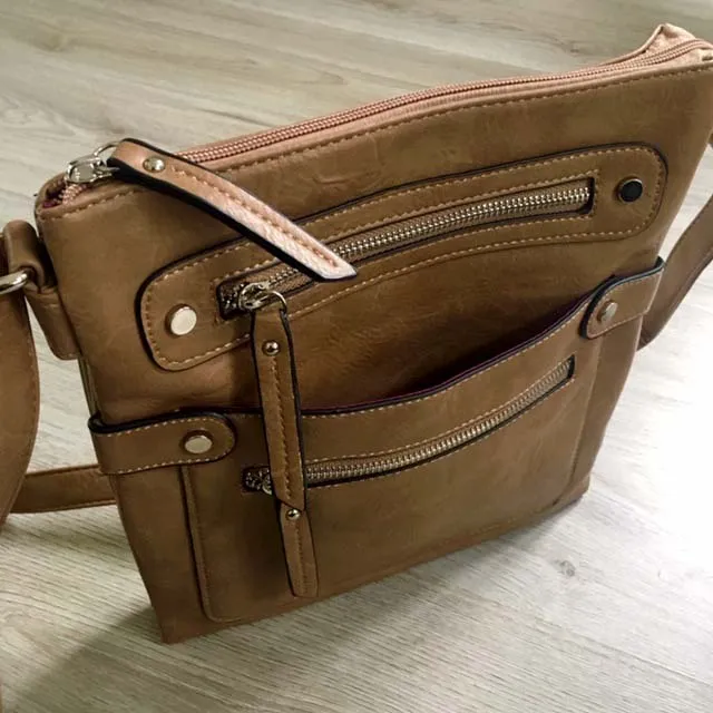 LARGE TAUPE MULTI COMPARTMENT CROSSBODY BAG WITH LONG STRAP