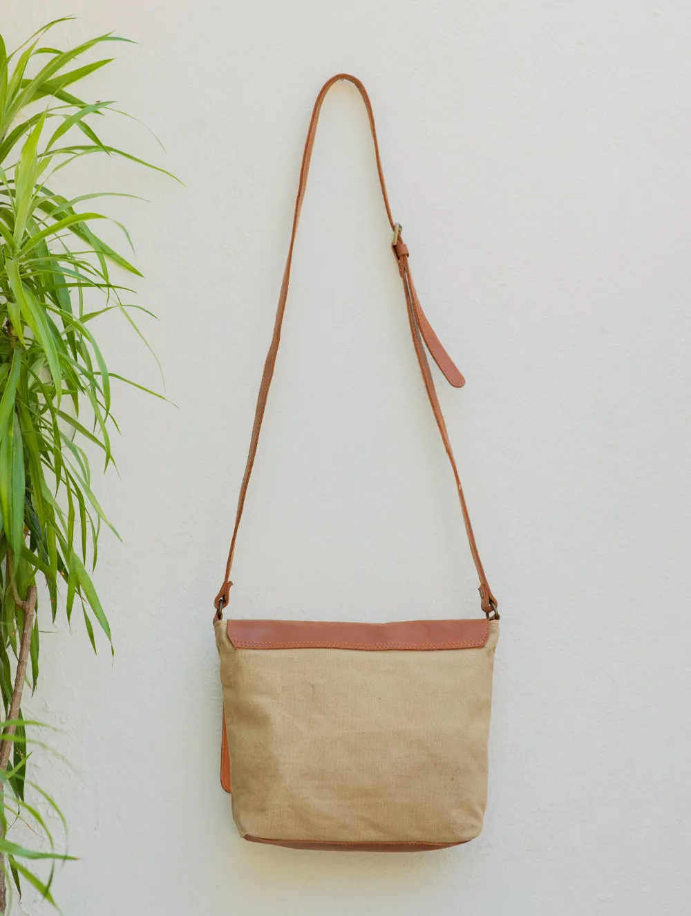 Leather & Fabric Sling Bag -  Camel & Beige