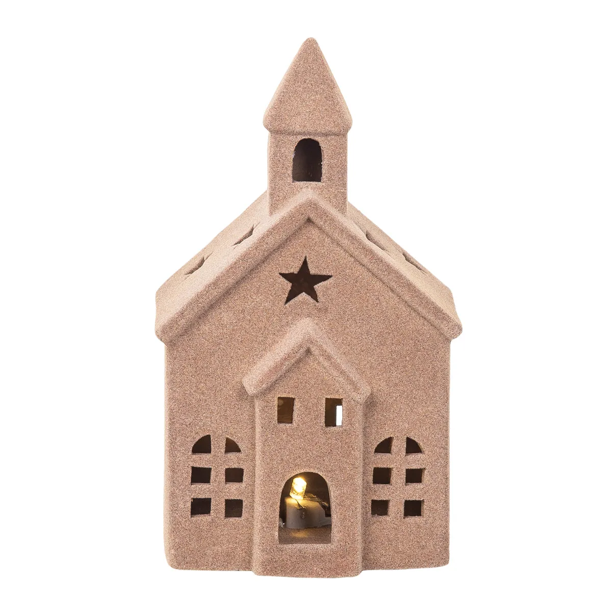 LED Flocked Beige Church Figurine