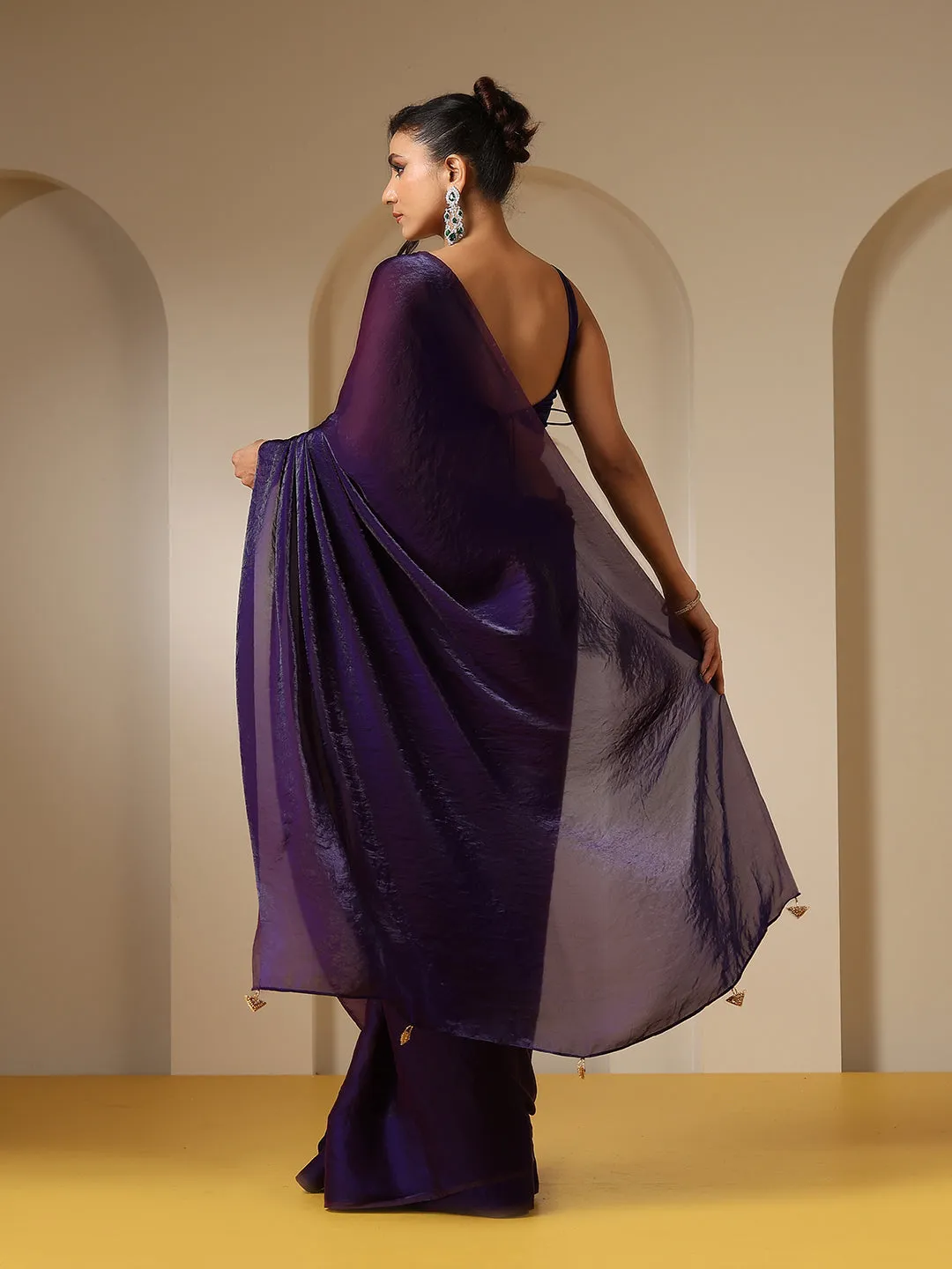 Metallic Purple Satin Saree with Self Blouse Fabric