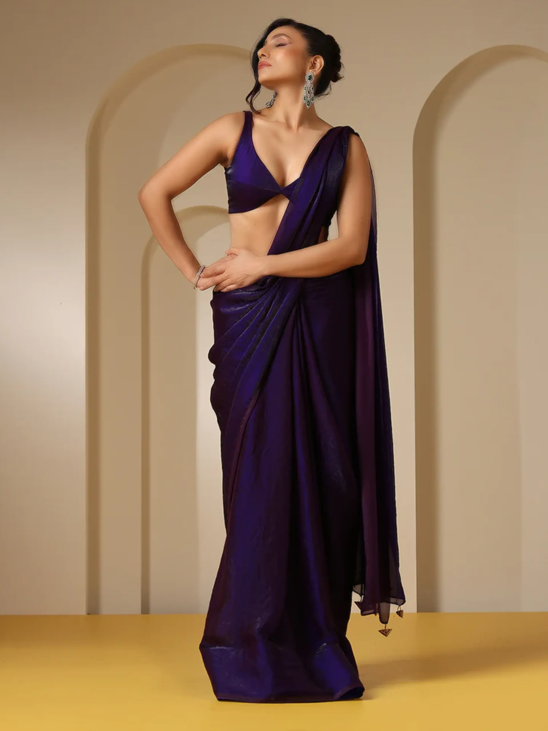 Metallic Purple Satin Saree with Self Blouse Fabric