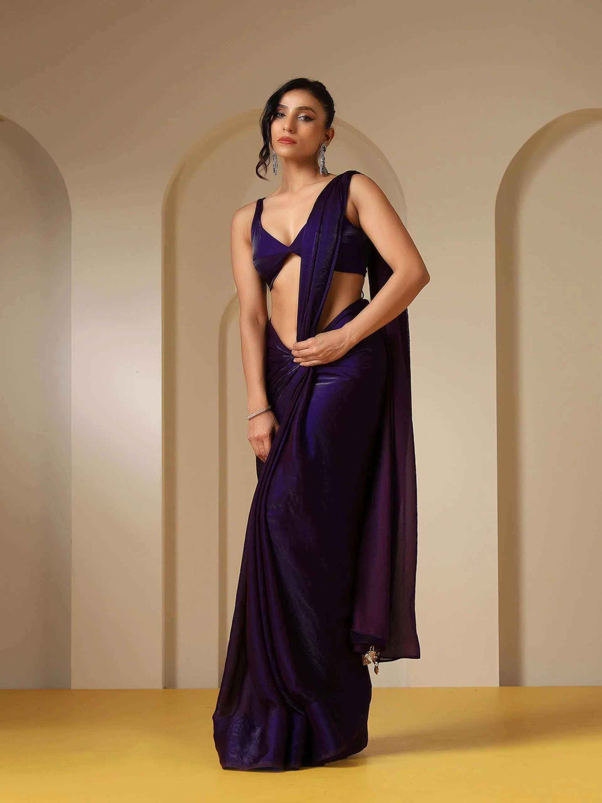 Metallic Purple Satin Saree with Self Blouse Fabric