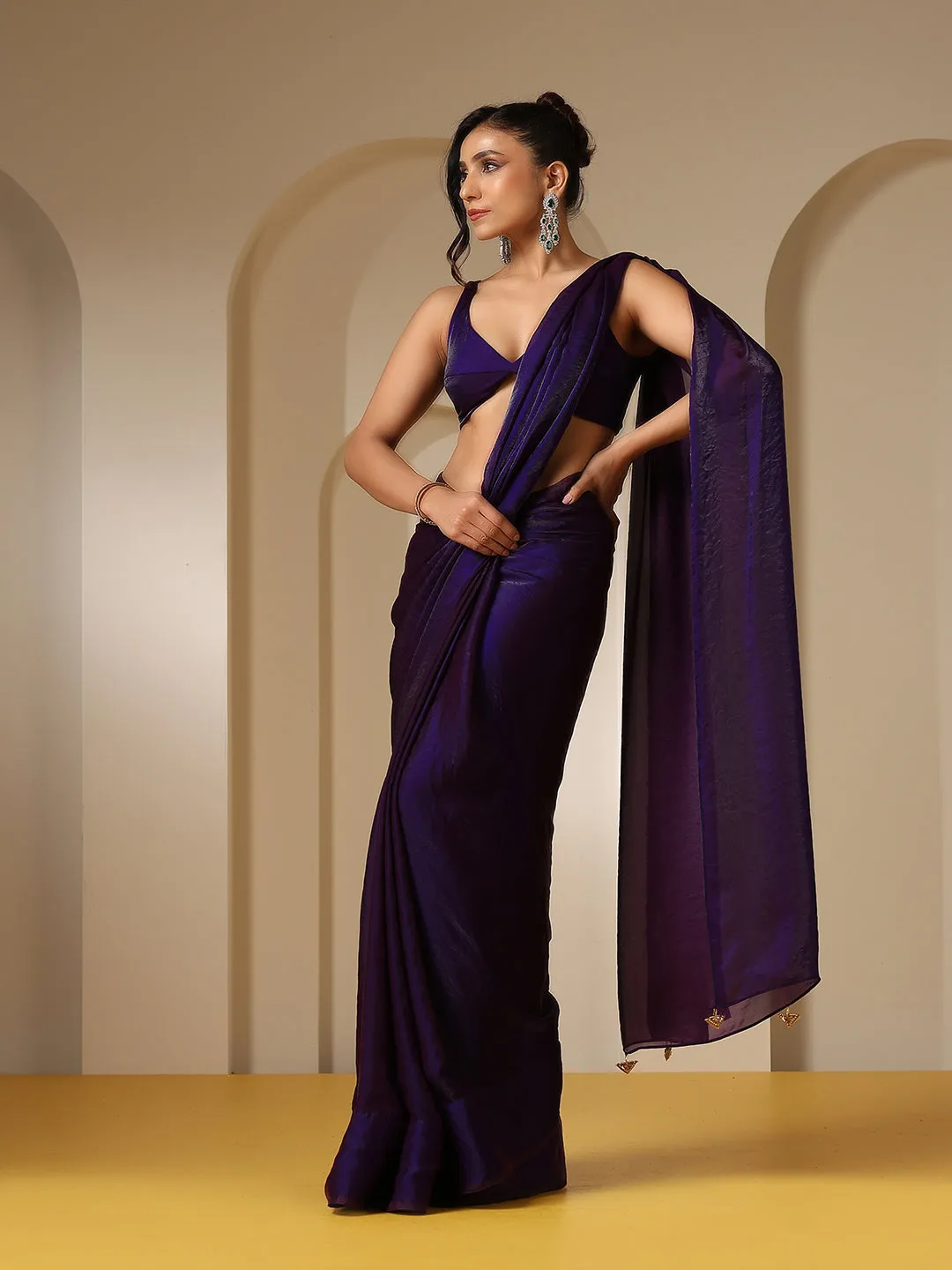 Metallic Purple Satin Saree with Self Blouse Fabric