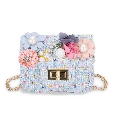 Mini Tweed Pearly Florals Crossbody - Blue