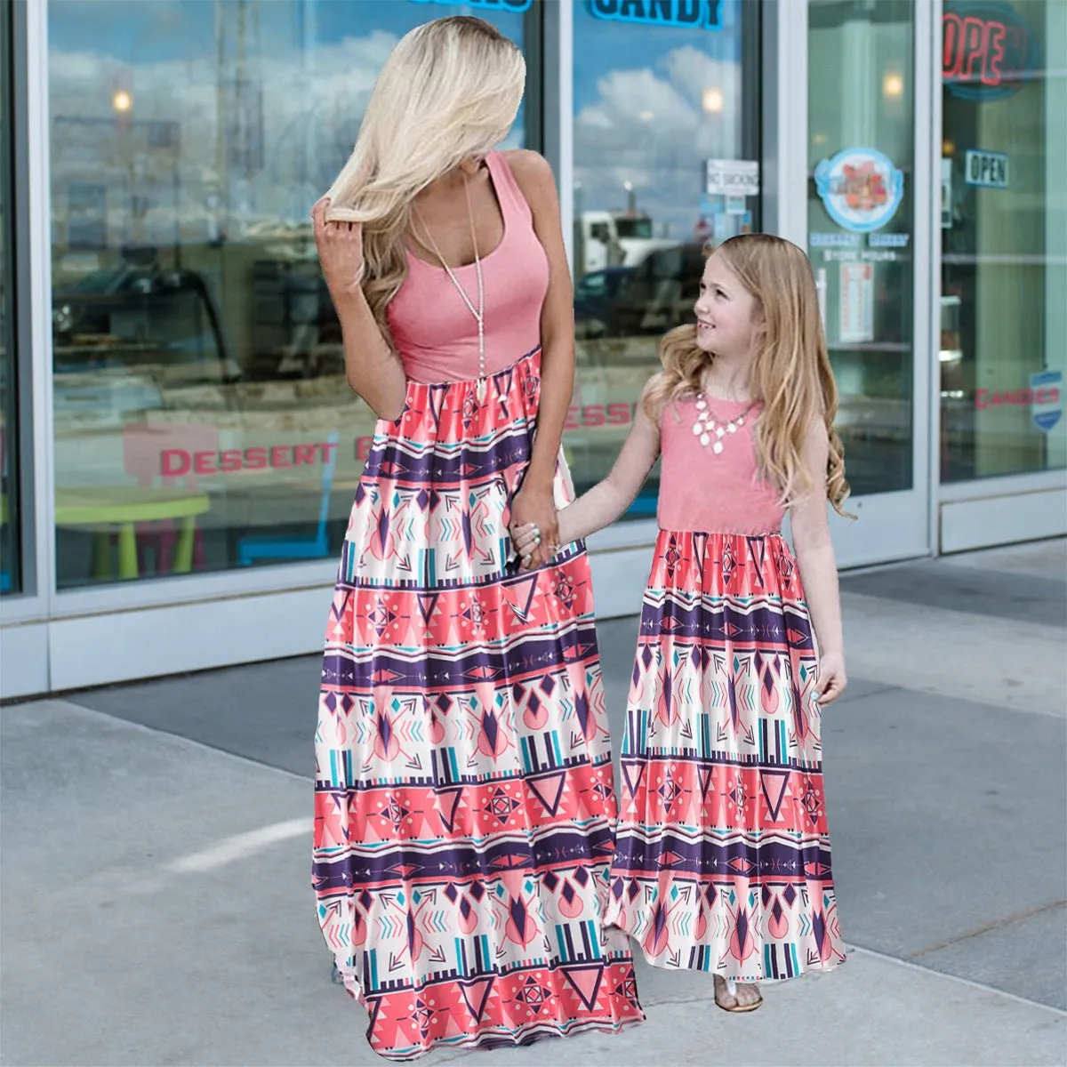 Mom & Me Matching Geometric Pattern Maxi Dresses (4 Colors)