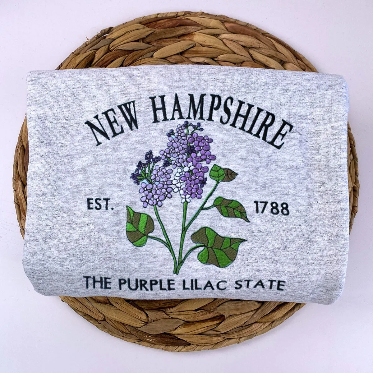 New Hampshire State Sweatshirt or Hoodie, Embroidered Gift - Est. 1788 Purple Lilac Flower