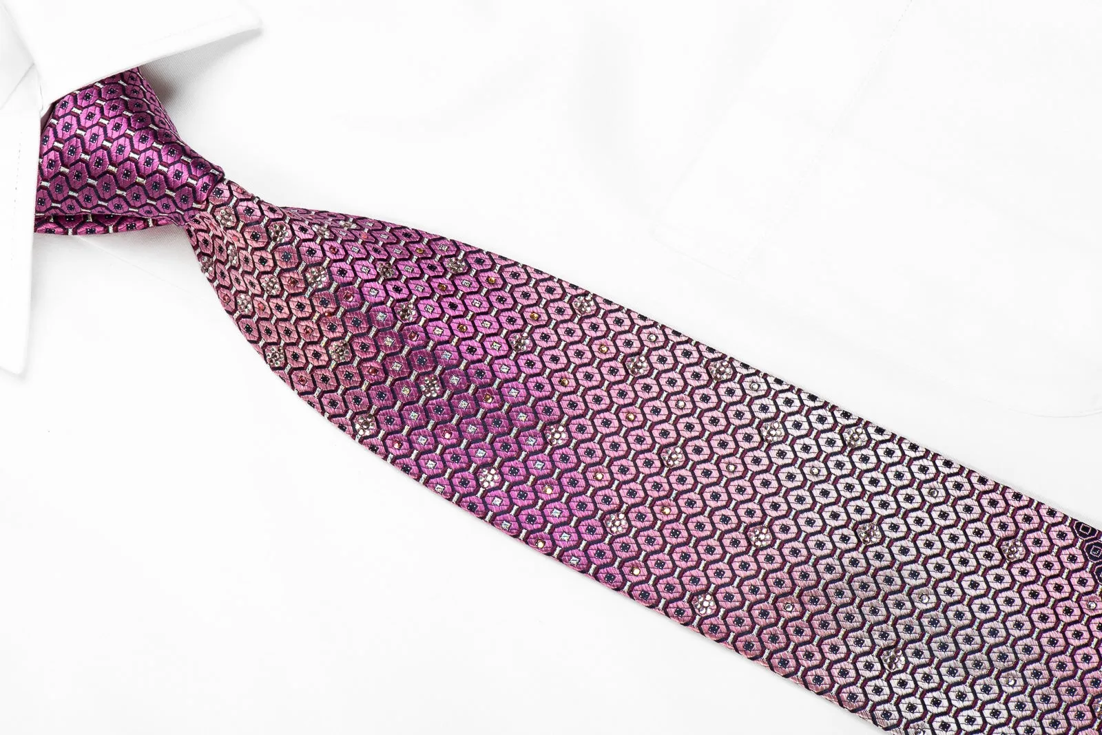 Nicole St Giles Mens Crystal Silk Necktie Geometric On Purple With Silver Sparkles