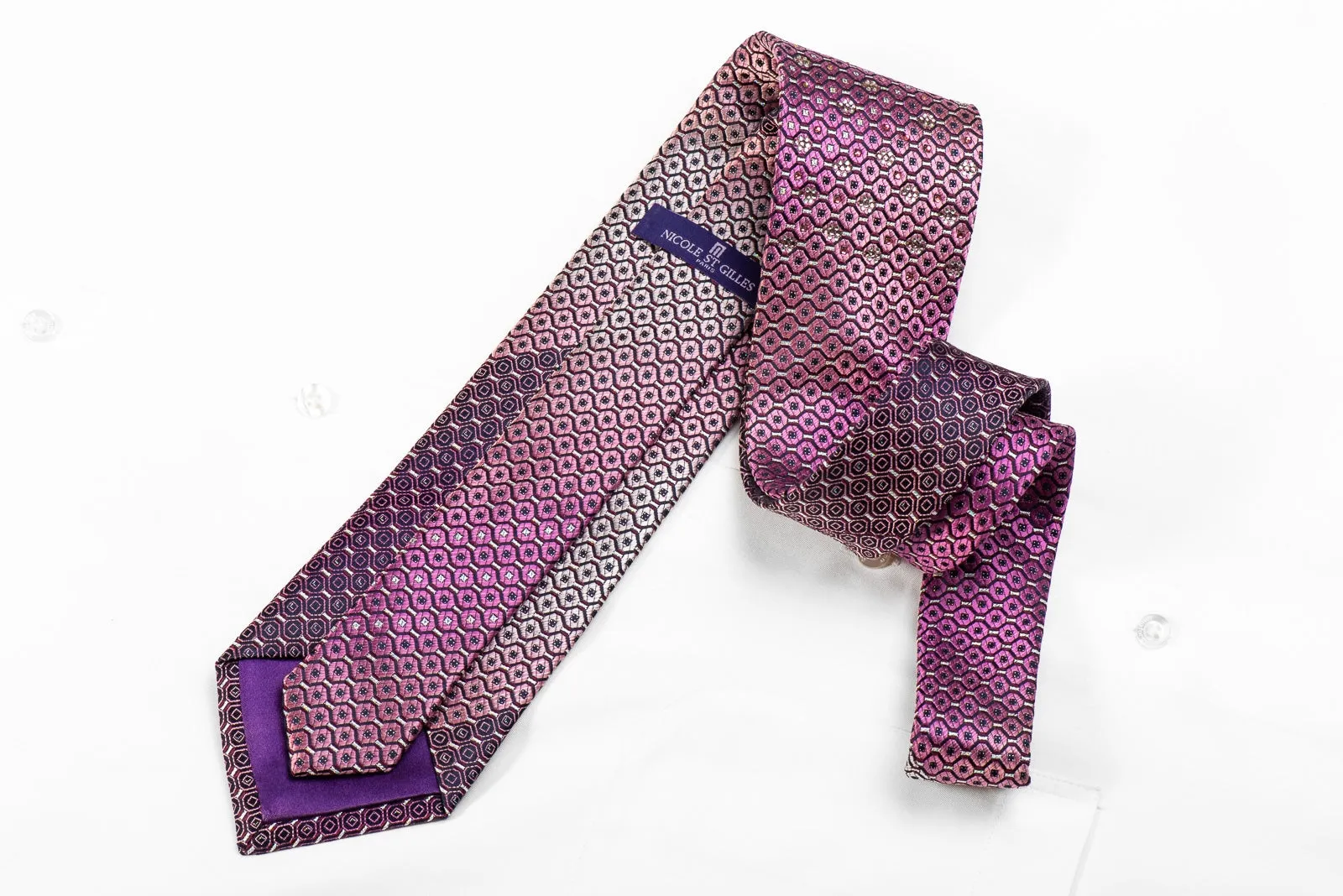 Nicole St Giles Mens Crystal Silk Necktie Geometric On Purple With Silver Sparkles