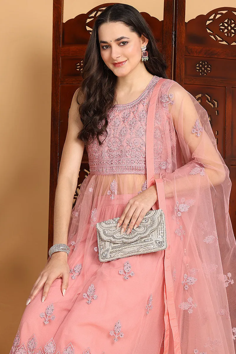 Pink Net Ethnic Motifs Embroidered Straight Suit Set