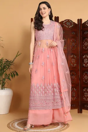 Pink Net Ethnic Motifs Embroidered Straight Suit Set