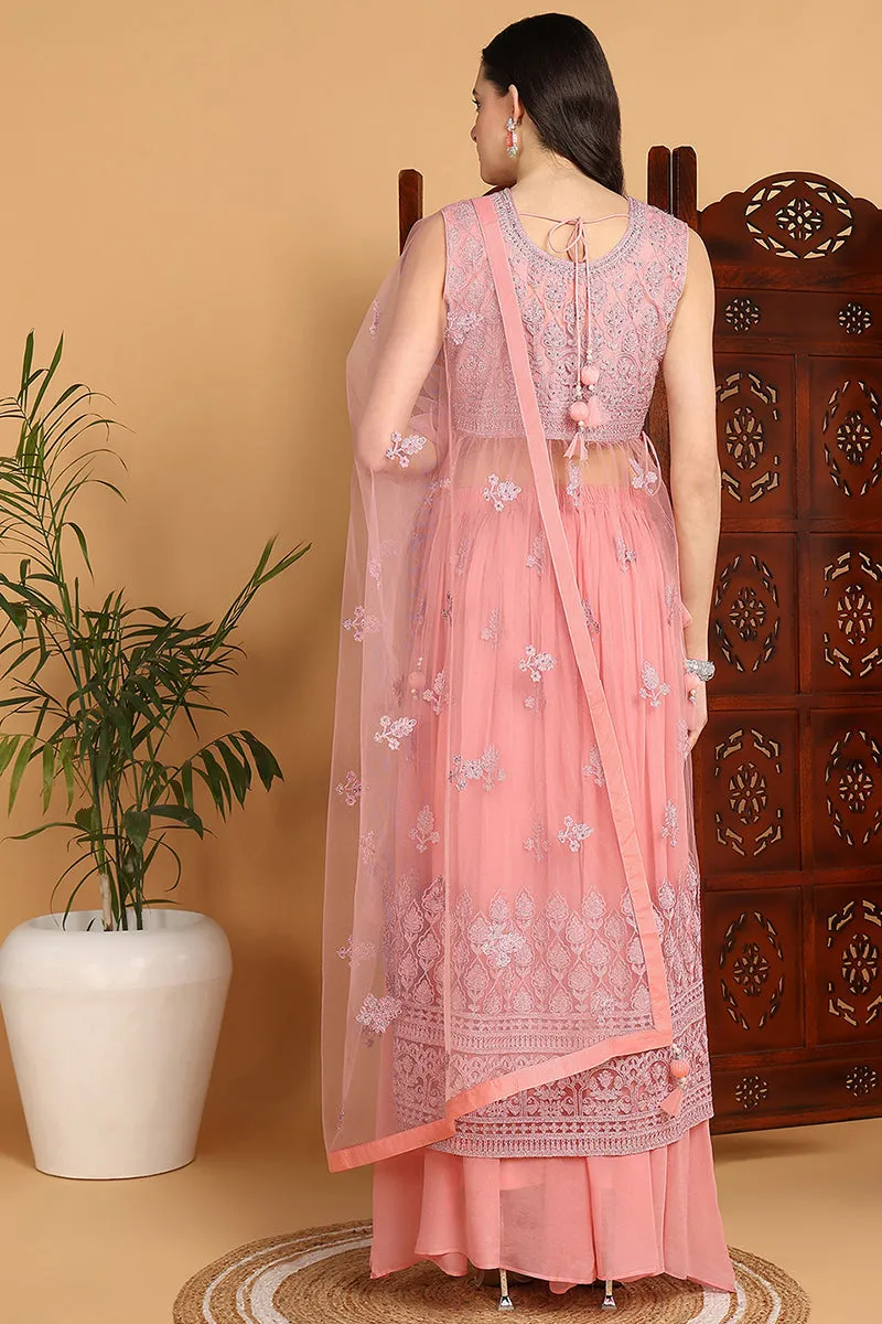 Pink Net Ethnic Motifs Embroidered Straight Suit Set