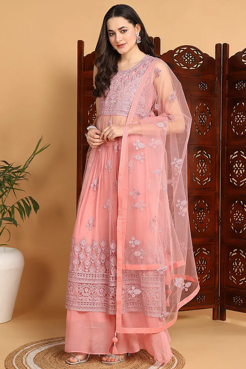 Pink Net Ethnic Motifs Embroidered Straight Suit Set