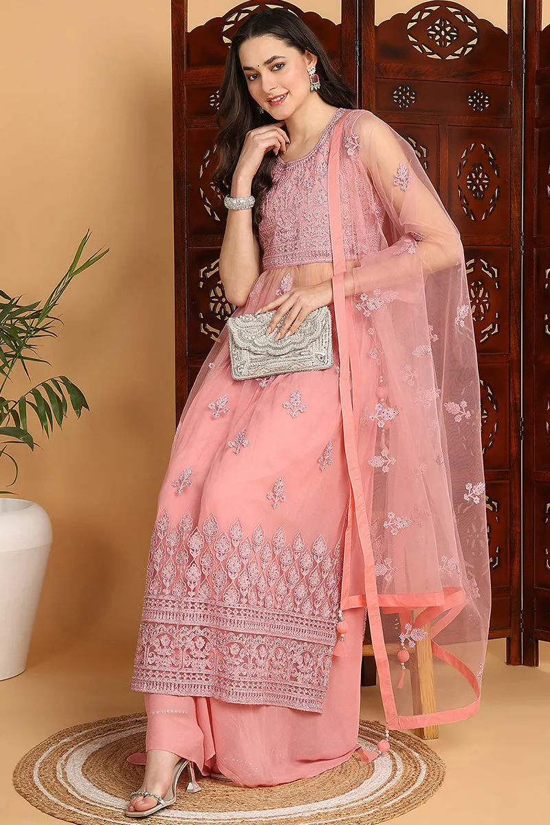 Pink Net Ethnic Motifs Embroidered Straight Suit Set