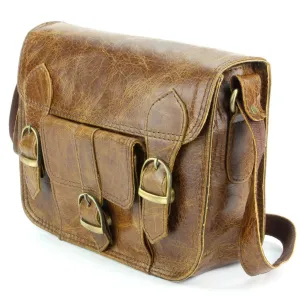 Real Leather Satchel with Front Pocket - Brown