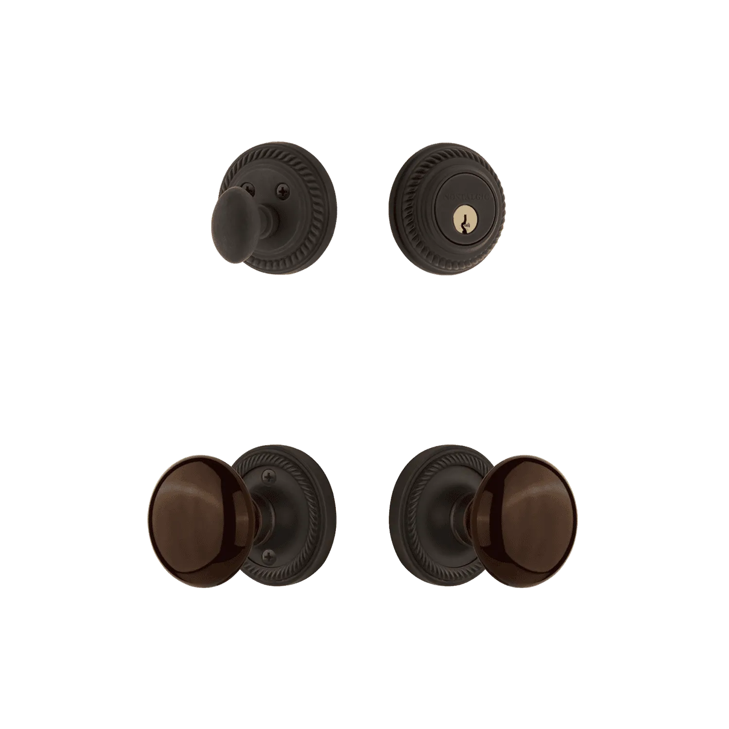 Rope Rosette Entry Set with Brown Porcelain Knob in Oil-Rubbed Bronze