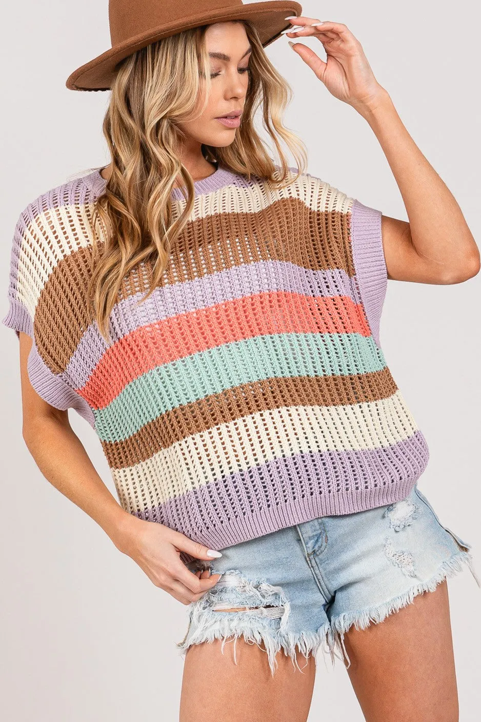 SAGE   FIG Color Block Striped Crochet Sweater