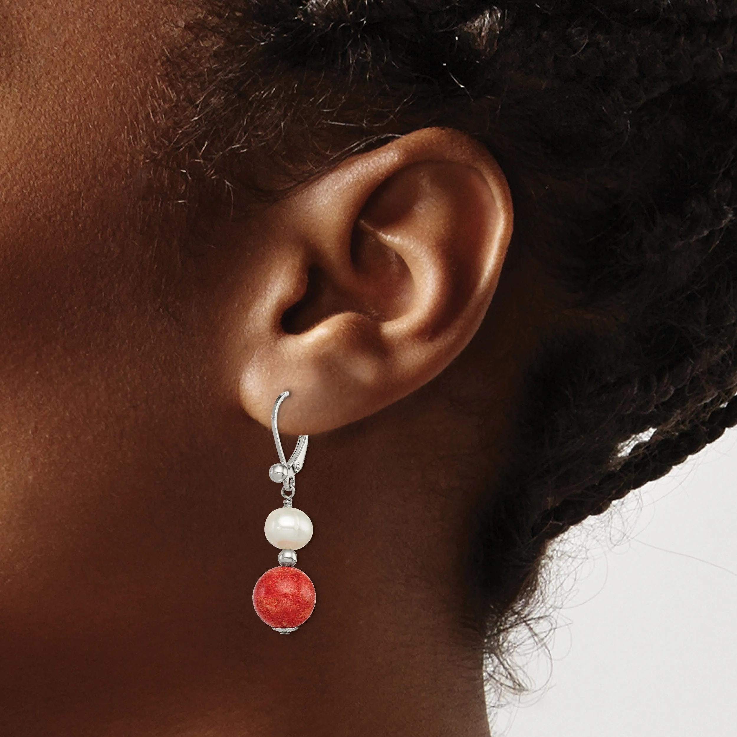 Silver Pearl Stabilized Red Coral Earrings