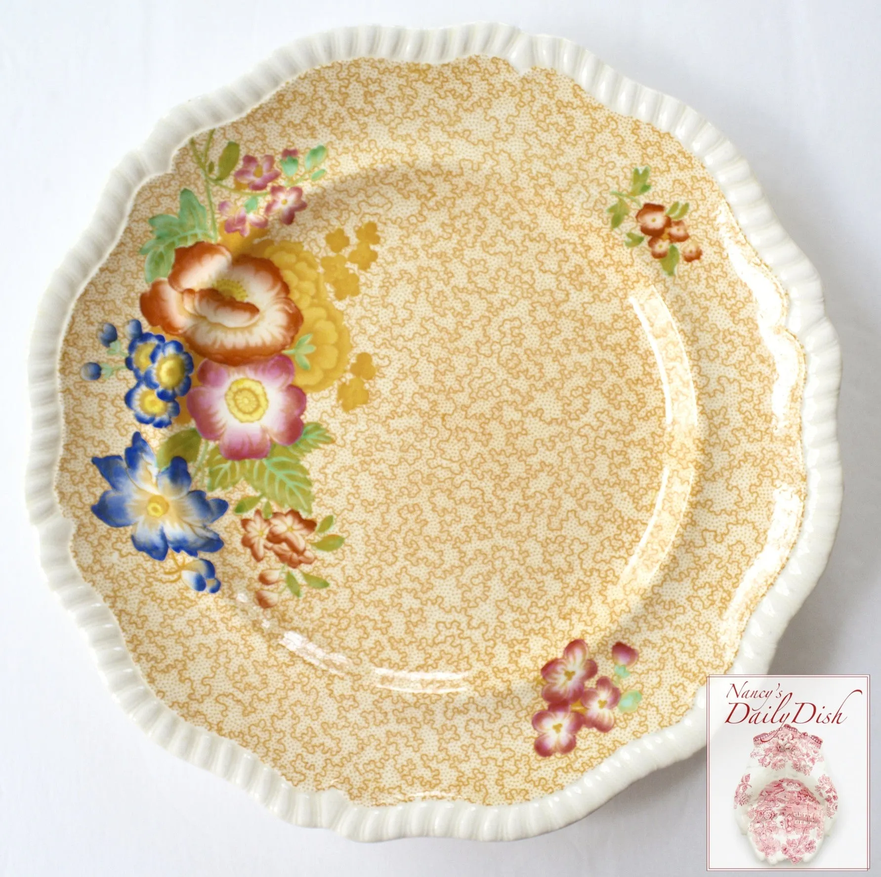 Spode Copeland Jasmine Yellow Transferware Polychrome Flowers Charger or Dinner Plate