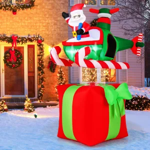 Tangkula 6 FT Christmas Inflatable Santa Claus Flying Helicopter on Gift Box