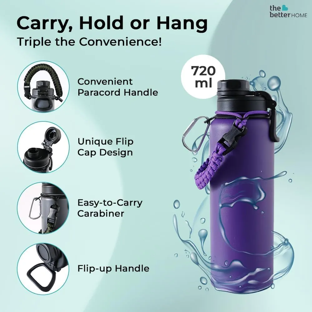 The Better Home Pack of 3 Stainless Steel Insulated Water Bottles | 720 ml Each | Thermos Flask Attachable to Bags & Gears | 6 hrs hot & 12 hrs Cold | Water Bottle for School Office Travel | Purple