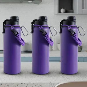 The Better Home Pack of 3 Stainless Steel Insulated Water Bottles | 720 ml Each | Thermos Flask Attachable to Bags & Gears | 6 hrs hot & 12 hrs Cold | Water Bottle for School Office Travel | Purple