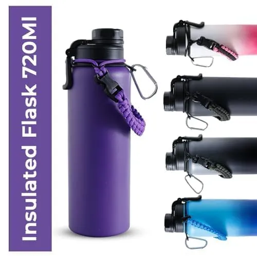 The Better Home Pack of 3 Stainless Steel Insulated Water Bottles | 720 ml Each | Thermos Flask Attachable to Bags & Gears | 6 hrs hot & 12 hrs Cold | Water Bottle for School Office Travel | Purple