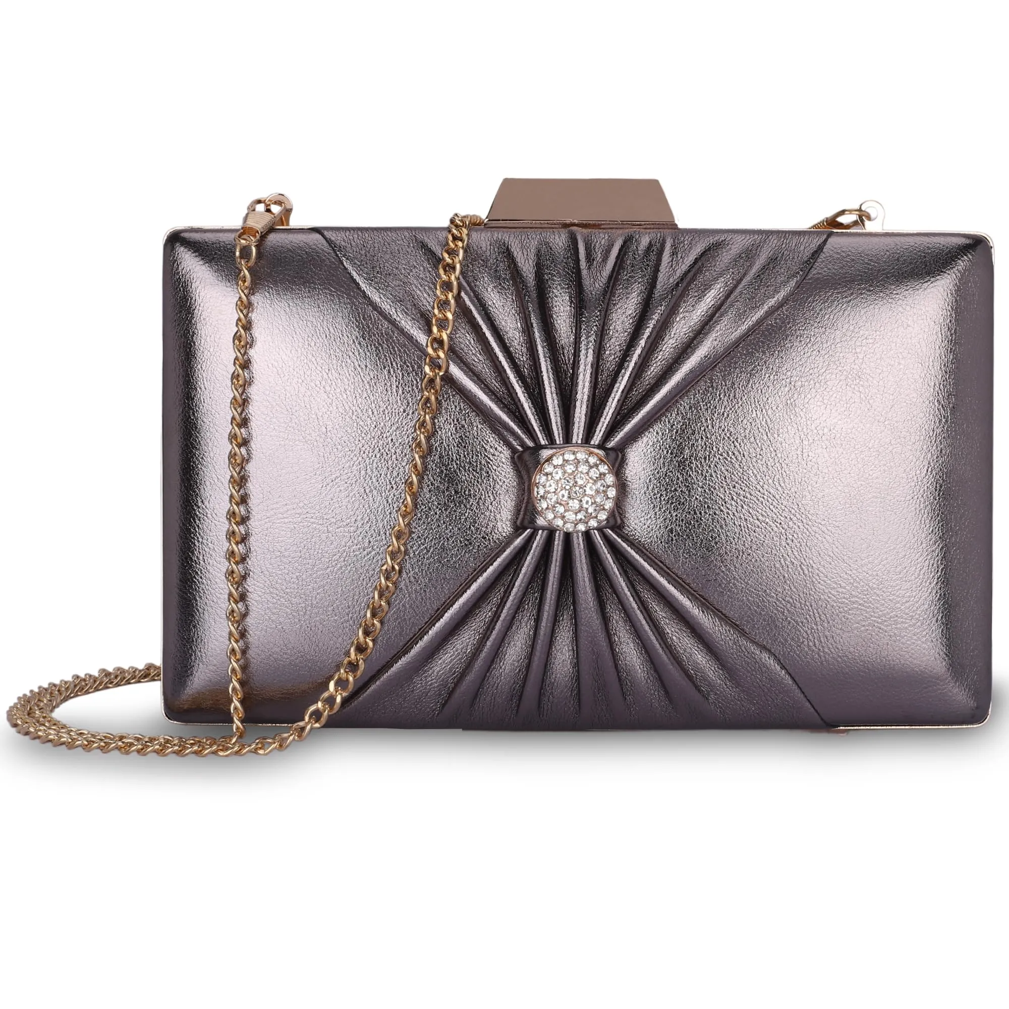 THE CLOWNFISH Ritzy Collection Faux Leather Womens Party Clutch Ladies Wallet with Chain Strap Evening Bag with Fashionable Button Closure (Dark Grey)