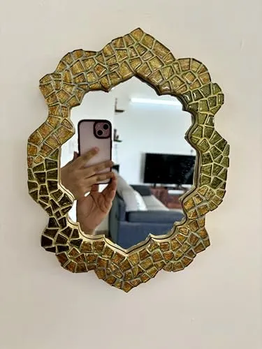 The Mosaic Magic Handcrafted Decorative Wall Mirror with Ornate Green and Gold Frame, Home Decoration Doorway, Entry Way, Living Room, Festival Decoration, Birthday, Anniversary, Christmas Gifting